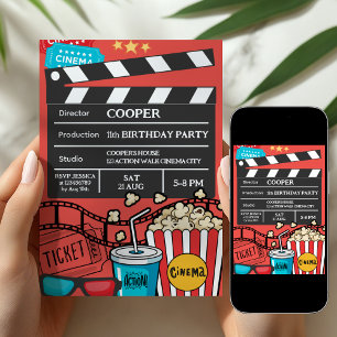 Invitation Soirée cinéma rouge fête d'anniversaire pour garço