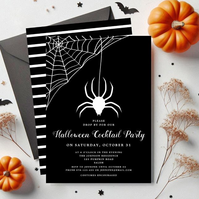 Invitation Soirée Cocktail Cute Spider Black & White Hallowee (Cute Spider Black & White Halloween Cocktail Party Invitation)