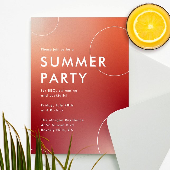 Invitation Soirée Cocktail d'été simple et moderne (Rouge) (A modern and simple summer party invitation for adults in an orange and red gradient.)