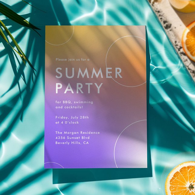 Invitation Soirée Cocktail Été Simple Et Moderne (Violet) (bright, modern and colourful summer party invitation with purple to orange gradient. )