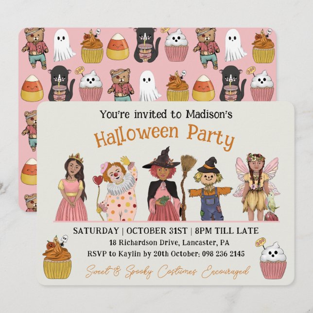 Invitation Soirée Costume d'Halloween rose doux et Éffrayant (Devant / Derrière)