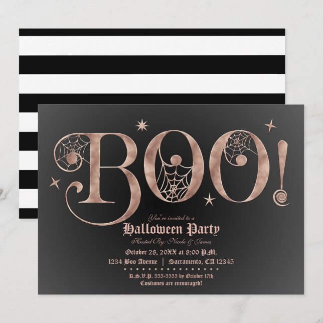 Invitation Soirée costumée d'Halloween rose et noir BOO (Devant / Derrière)
