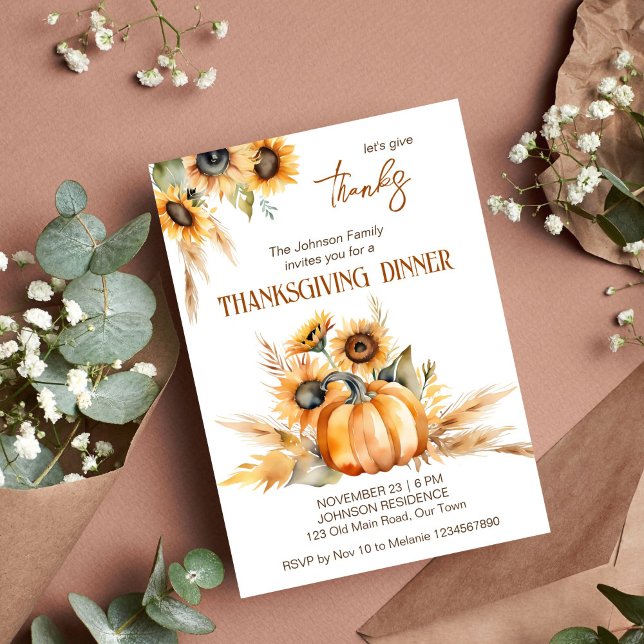 Invitation Soirée d'action de grâce Boho citrouille tournesol (Thanksgiving dinner party boho template invitation digital download watercolor pumpkin sunflowers)