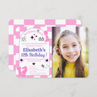 Invitation Soirée d'anniversaire aux échecs roses pour les fi