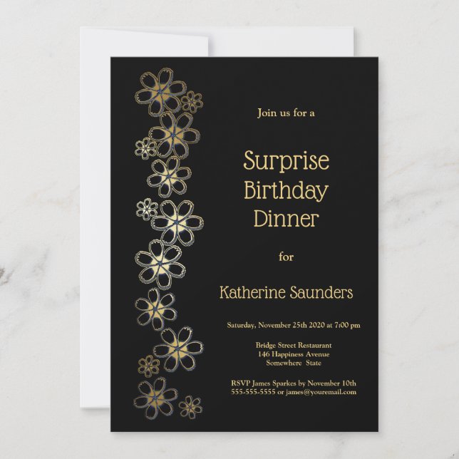 Invitation Soirée d'anniversaire Black and Gold Surprise (Devant)