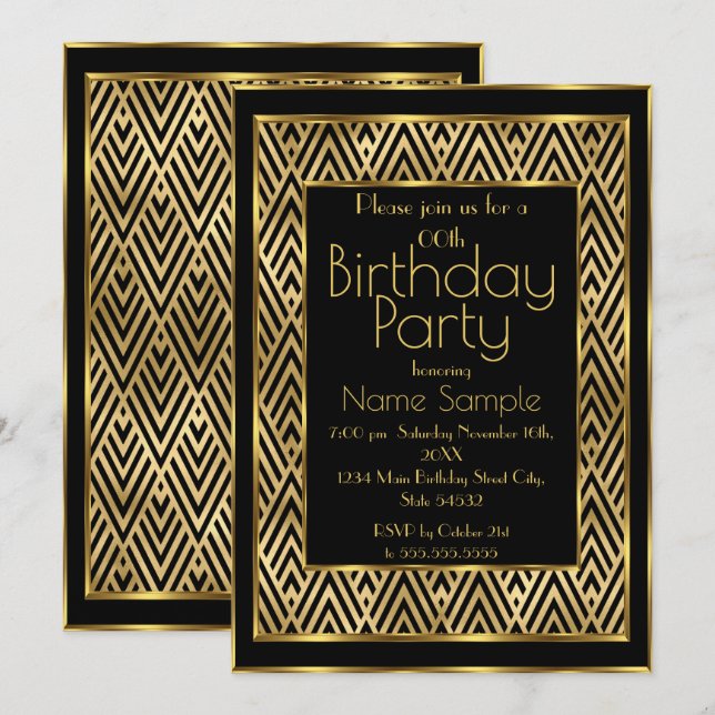 Invitation Soirée d'Anniversaire Black Gold Art Déco Chevron (Devant / Derrière)