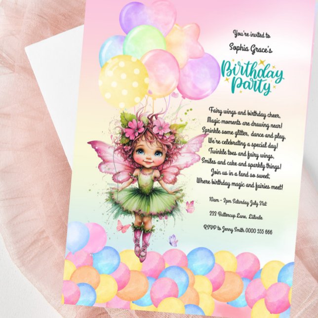 Invitation Soirée d'Anniversaire Cute Fairy - Garden Party (Sweet Fairy Birthday party Invitation For Little Girls)