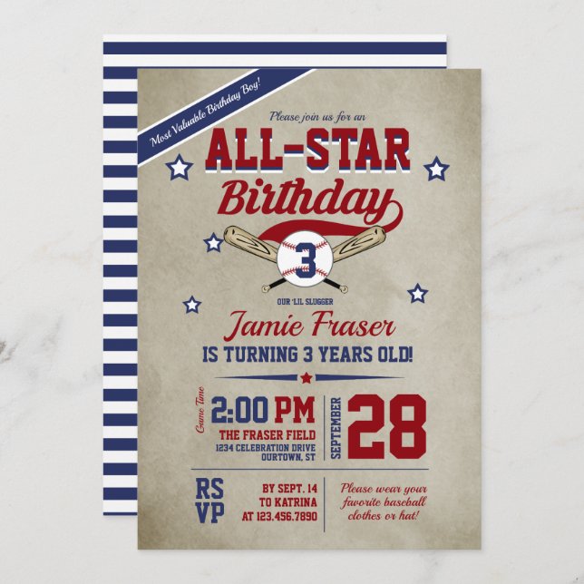 Invitation Soirée d'anniversaire de baseball (Devant / Derrière)