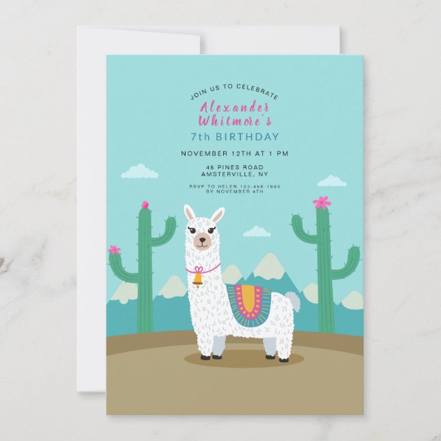 Invitation Soirée d'anniversaire de Cute Alpaca (Devant)