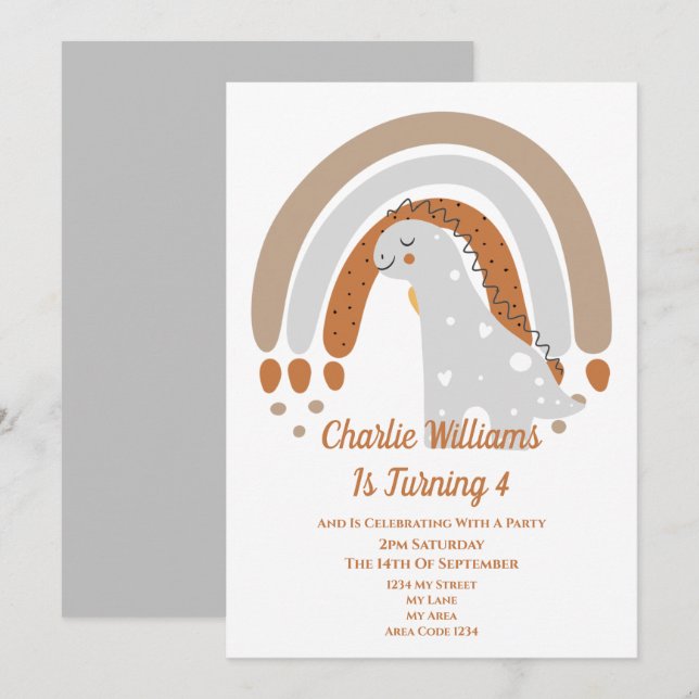 Invitation Soirée d'anniversaire de Cute Dinosaur (Devant / Derrière)