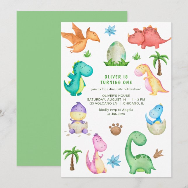 Invitation Soirée d'anniversaire de Cute Dinosaur (Devant / Derrière)
