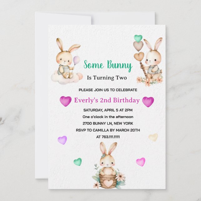 Invitation Soirée d'anniversaire de la fille Bunny mignonne (Devant)
