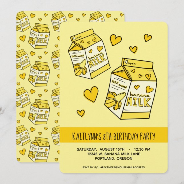 Invitation Soirée d'anniversaire de la mignonne banane (Devant / Derrière)