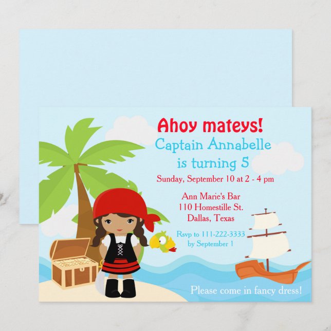 Invitation Soirée d'anniversaire de la mignonne fille pirate  (Devant / Derrière)