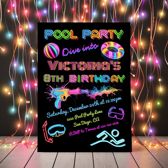 Invitation Soirée d'anniversaire de la piscine de Neon (Créateur téléchargé)
