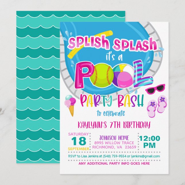 Invitation Soirée d'anniversaire de la piscine de softball -  (Devant / Derrière)