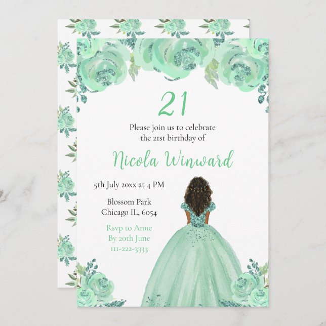 Invitation Soirée d'anniversaire de la princesse de peau fonc (Devant / Derrière)