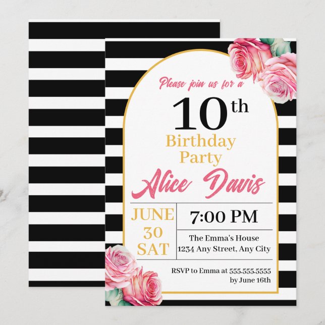 Invitation Soirée d'anniversaire de l'élégante Black White Ro (Devant / Derrière)