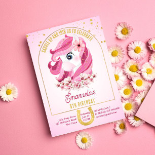 Invitation Soirée d'anniversaire de Poney saddup chevaux rose