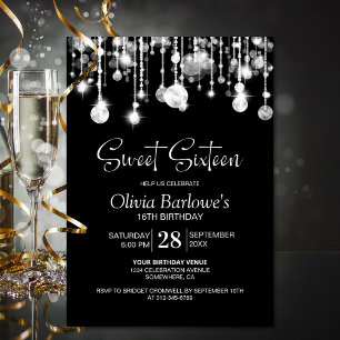 Invitation Soirée d'anniversaire de Sweet sixteen noir et bla