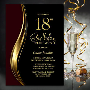 Invitation Soirée d'anniversaire des 18 ans Black Gold Burgun