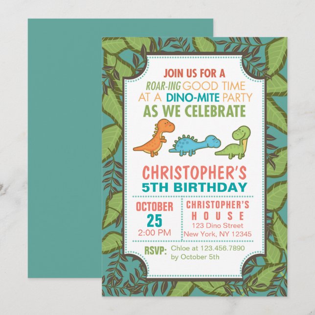Invitation Soirée d'anniversaire des mignons dinosaures (Devant / Derrière)