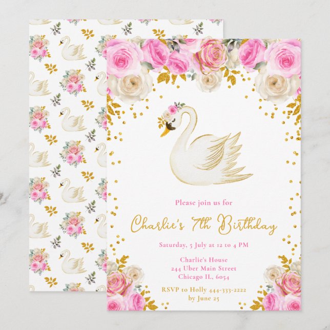Invitation Soirée d'anniversaire des Roses de Swan Pink et Go (Devant / Derrière)