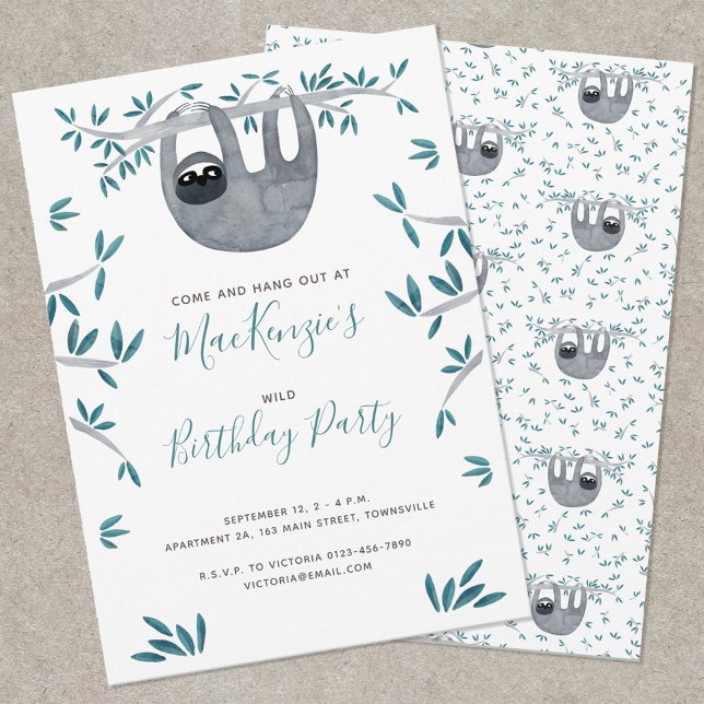 Invitation Soirée d'anniversaire du mignon Sloth Kid (Cute watercolor sloth themed birthday party invitation)