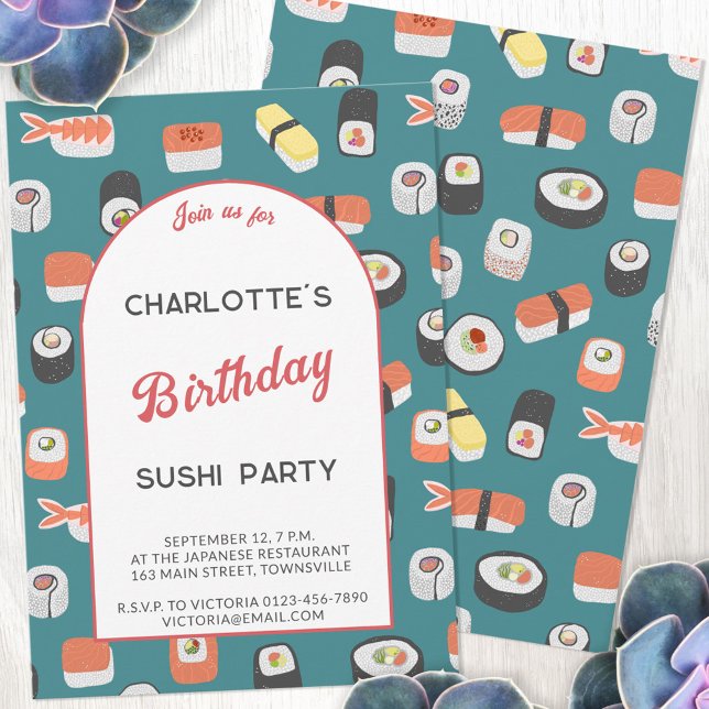 Invitation Soirée d'anniversaire du Sushi (Japanese sushi themed personalized birthday party invitation with custom text)