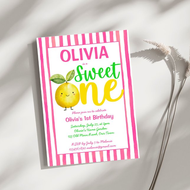 Invitation Soirée d'anniversaire d'une citronnelle rose (Sweet one pink lemonade cute summer girls birthday party invitation template instant download)