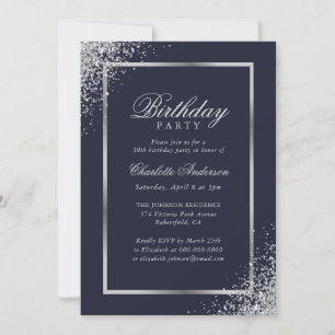 Invitation Soirée d'anniversaire Elégante Blue Silver Confett