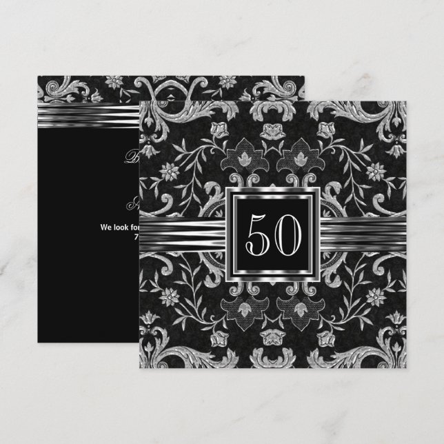 Invitation Soirée d'anniversaire Elégante Noir Damas Brocade  (Devant / Derrière)