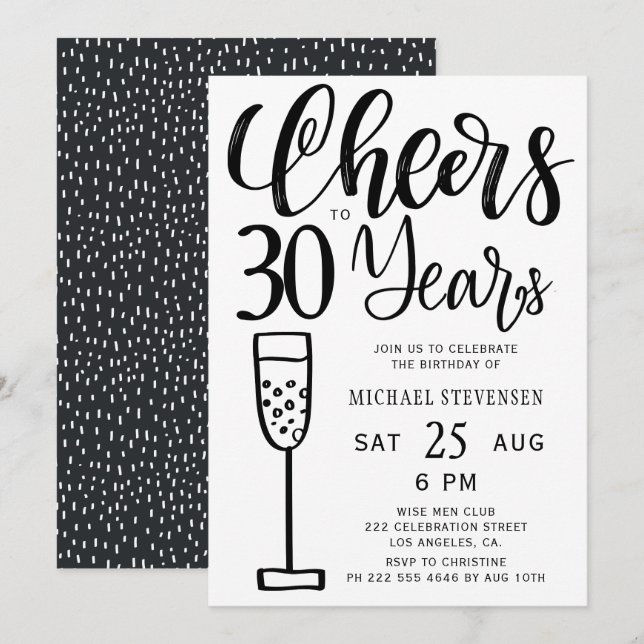 Invitation Soirée d'anniversaire en noir et blanc de 30 ans (Devant / Derrière)
