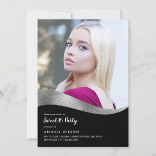 Invitation Soirée d'anniversaire en sweet sixteen noir argent