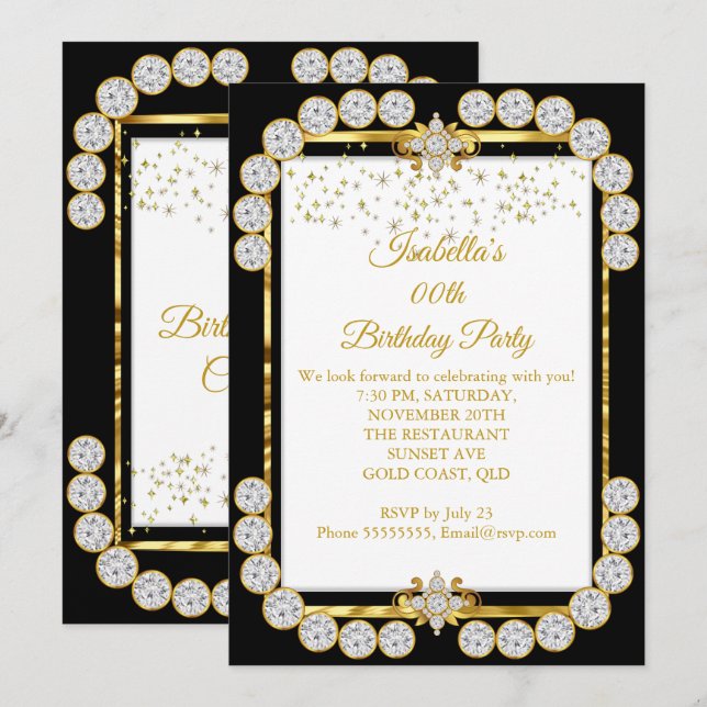 Invitation Soirée d'Anniversaire Gold White Black Diamond (Devant / Derrière)