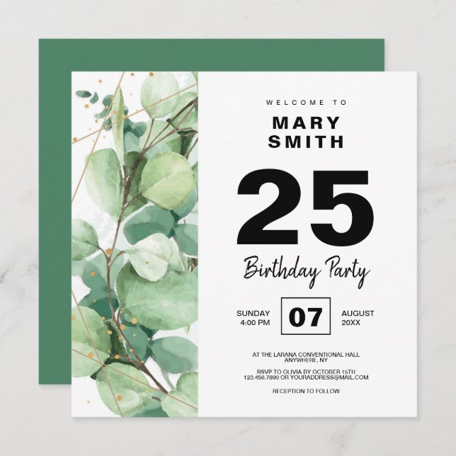 Invitation Soirée d'anniversaire joyeuse de boho eucalyptus (Devant / Derrière)