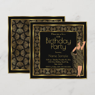 Invitation Soirée d'Anniversaire Noir Or Art Déco Dame 2