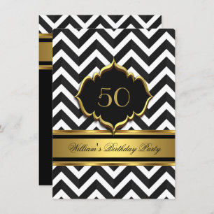 Invitation Soirée d'Anniversaire Noir Or Blanc Chevron