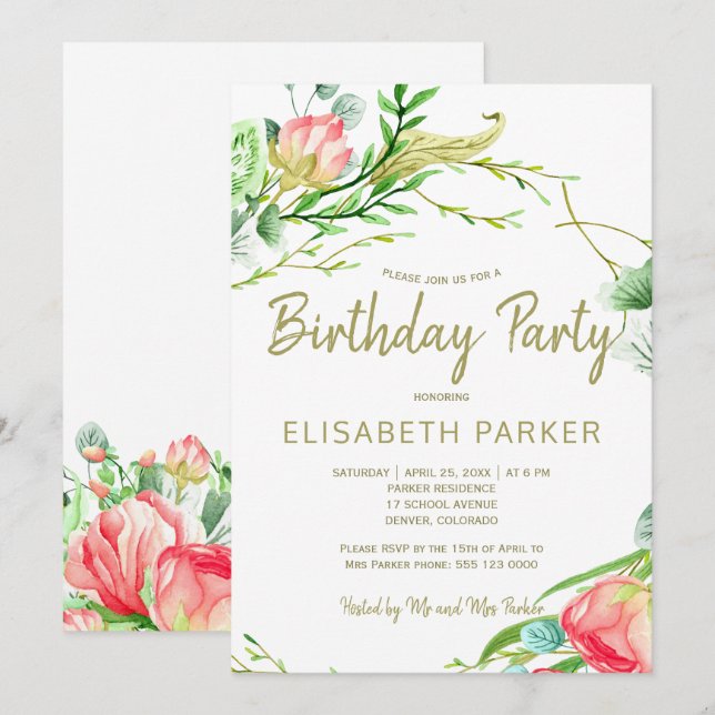 Invitation Soirée d'anniversaire rose de jardin à la sauge ro (Devant / Derrière)