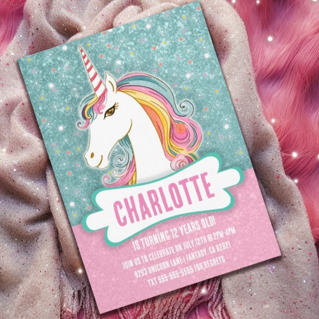 Invitation Soirée d'anniversaire rose et bleu licorne (Créateur téléchargé)