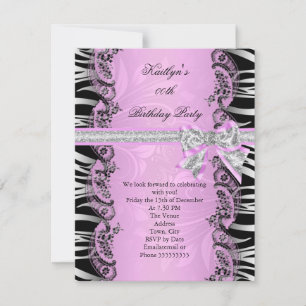 Invitation Soirée d'anniversaire rose noir Zebra