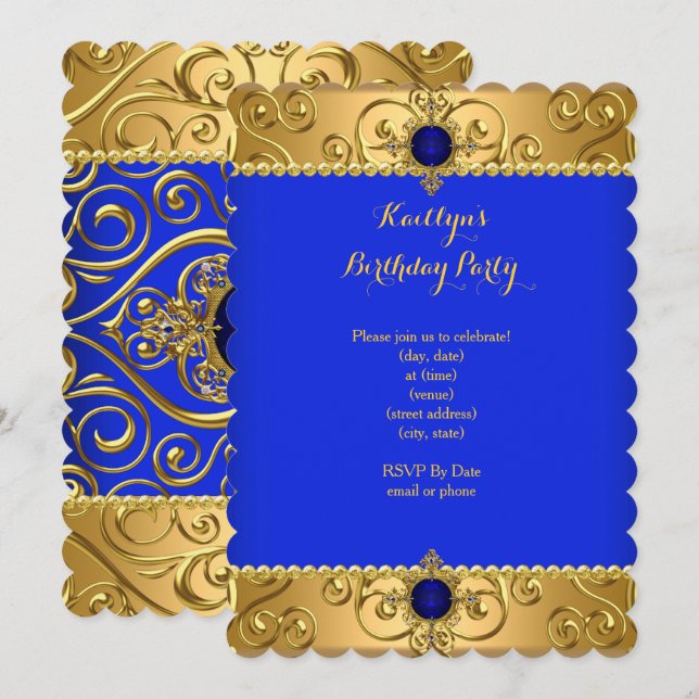 Invitation Soirée d'anniversaire Royal Blue Damask Gold B (Devant / Derrière)