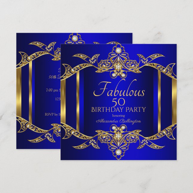 Invitation Soirée d'anniversaire Royal Blue Gold (Devant / Derrière)