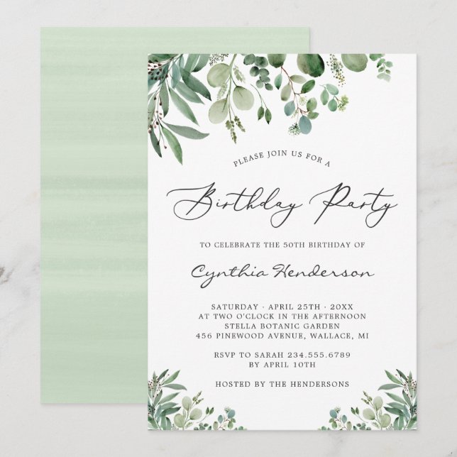 Invitation Soirée d'anniversaire simple et élégante Feuille E (Devant / Derrière)