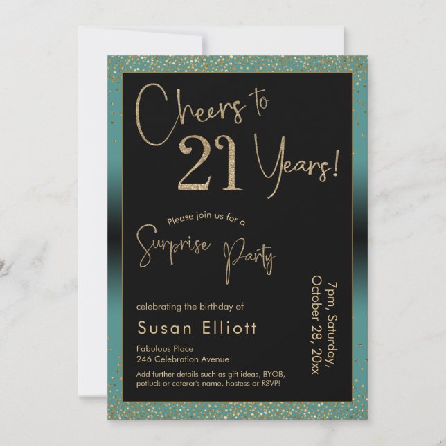 Invitation Soirée d'anniversaire surprise de 21 ans, Turquois (Devant)