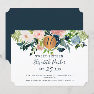 Invitation Soirée d'anniversaire Sweet 16 floral moderne aqua