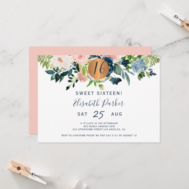 Invitation Soirée d'anniversaire Sweet 16 floral moderne aqua (Devant/Arrière en situation)