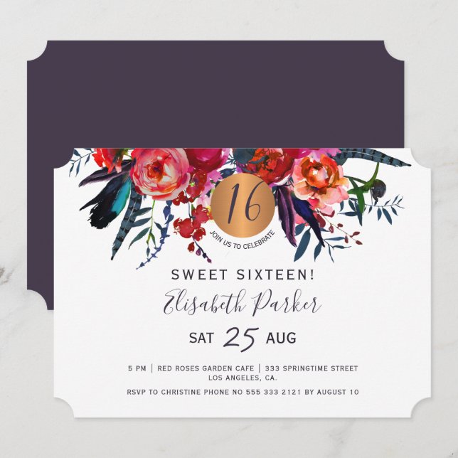 Invitation Soirée d'anniversaire Sweet 16 floral moderne aqua (Devant / Derrière)