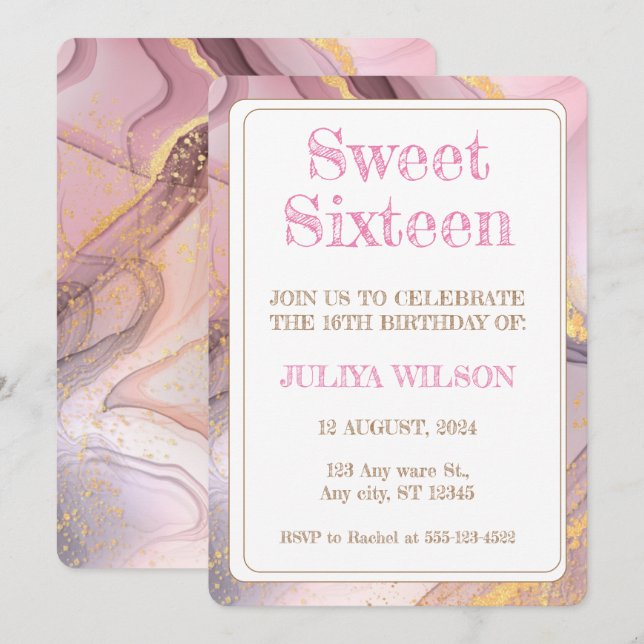 Invitation Soirée d'anniversaire Sweet 16 Gold parties scinti (Devant / Derrière)