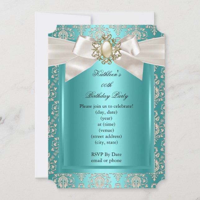 Invitation Soirée d'anniversaire Turquoise Damask Pearl Cream (Devant)